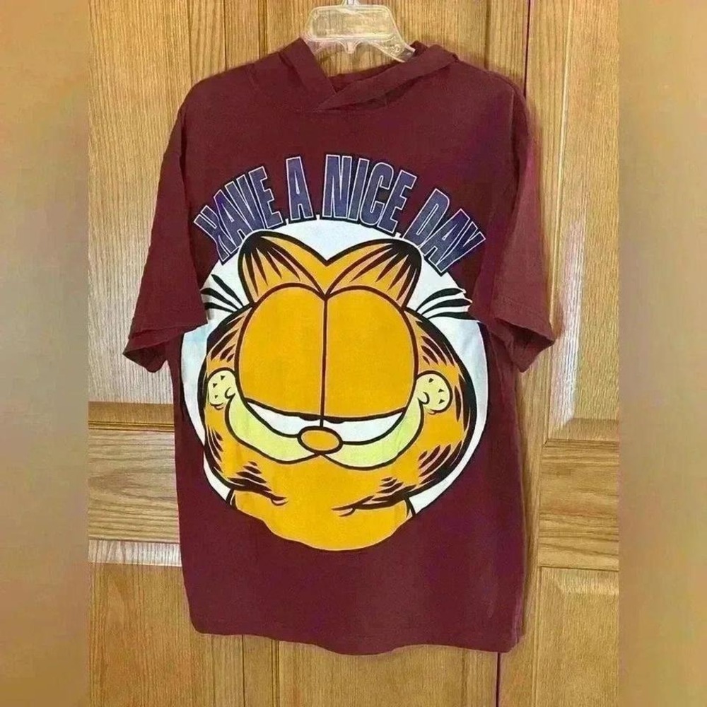 Vintage 1990's Sun Maroon Garfield Have a Nice Day Hooded Short Sleeve T-shirt